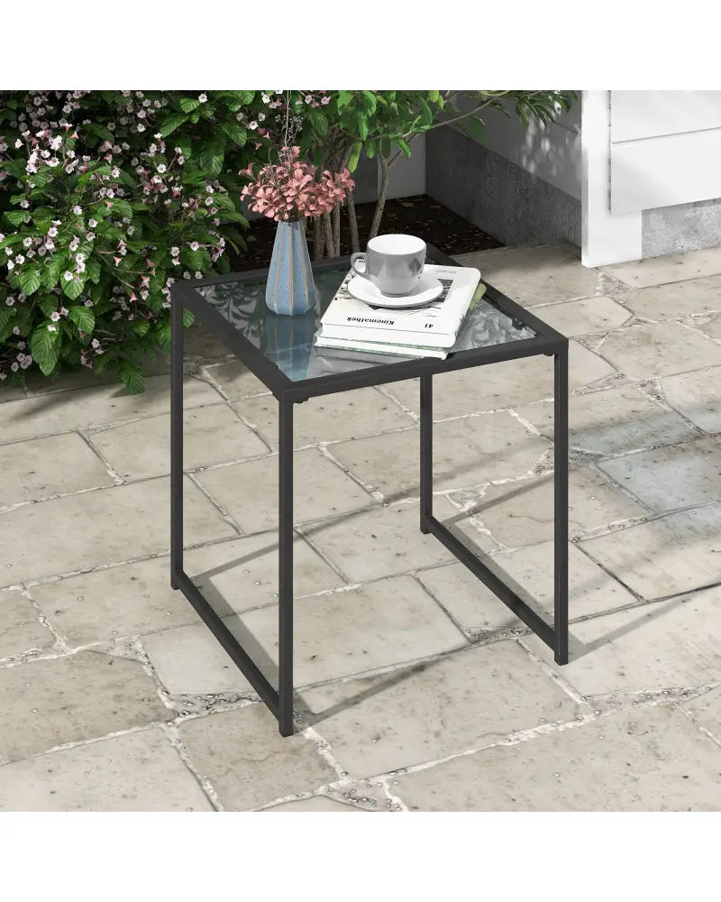 Tempered Glass Side Table with Metal Frame for Indoor and Outdoor - Black - End & Side Tables