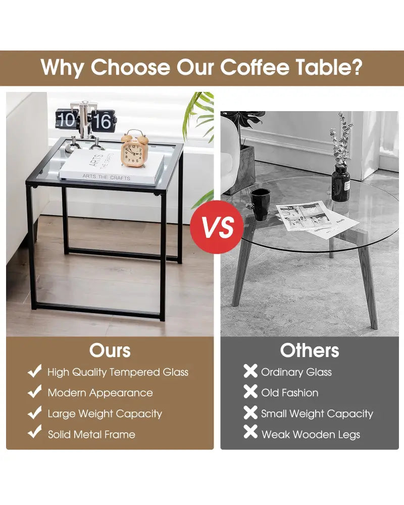 Tempered Glass Side Table with Metal Frame for Indoor and Outdoor - Black - End & Side Tables