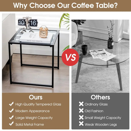 Tempered Glass Side Table with Metal Frame for Indoor and Outdoor - Black - End & Side Tables