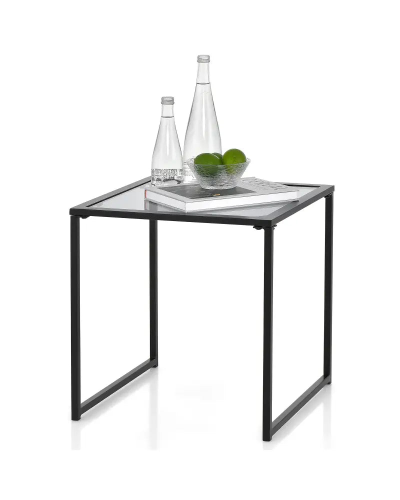 Tempered Glass Side Table with Metal Frame for Indoor and Outdoor - Black - End & Side Tables