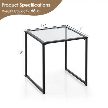 Tempered Glass Side Table with Metal Frame for Indoor and Outdoor - Black - End & Side Tables
