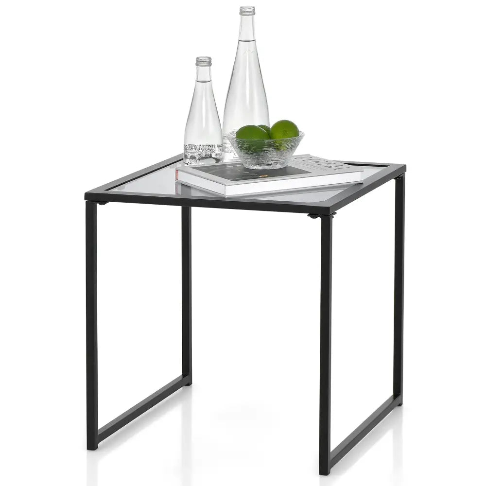 Tempered Glass Side Table with Metal Frame for Indoor and Outdoor - Black - End & Side Tables