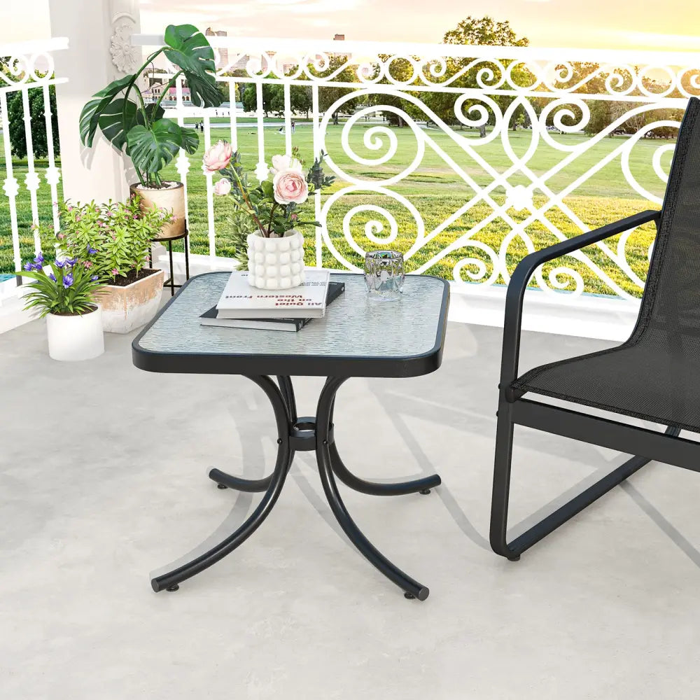Tempered Glass Top Patio Table with Heavy-duty Metal Frame for Garden Poolside-Black - Black - Patio Coffee Tables