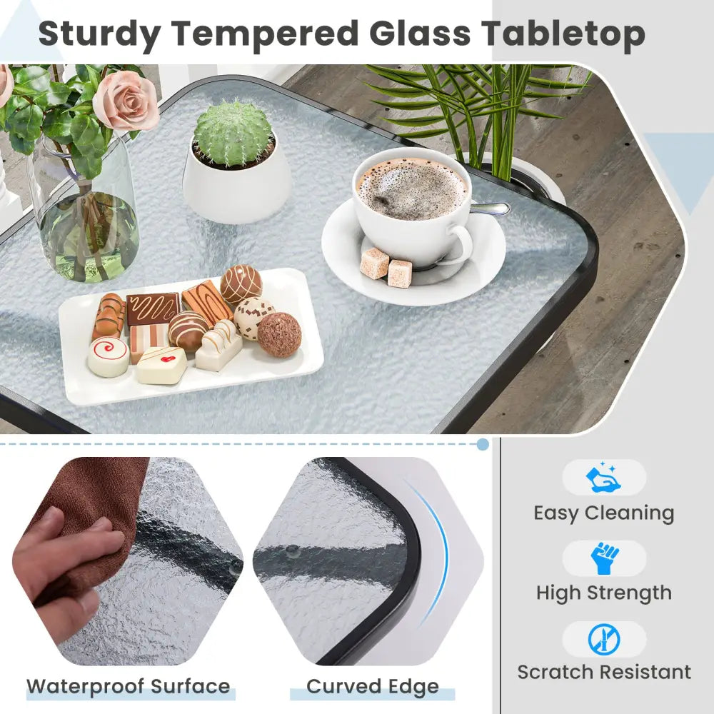 Tempered Glass Top Patio Table with Heavy-duty Metal Frame for Garden Poolside-Black - Black - Patio Coffee Tables