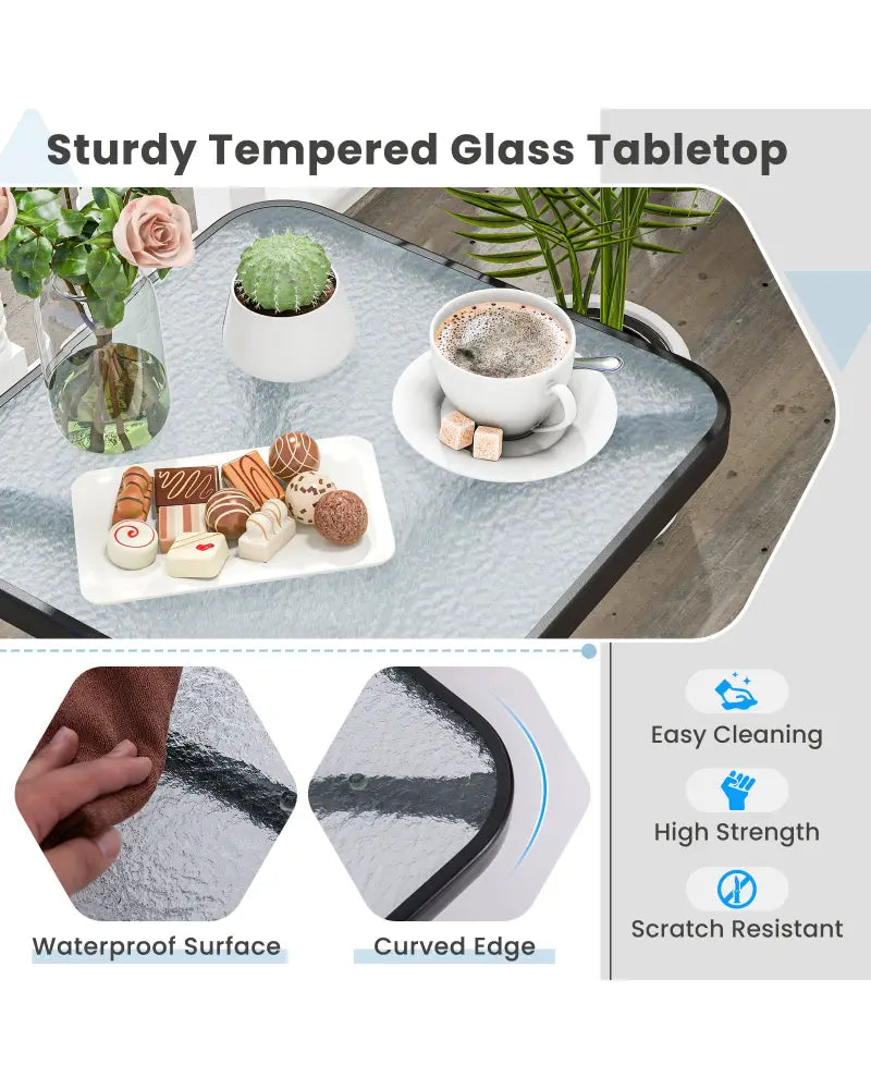 Tempered Glass Top Patio Table with Heavy-duty Metal Frame for Garden Poolside-Black - Black - Patio Coffee Tables