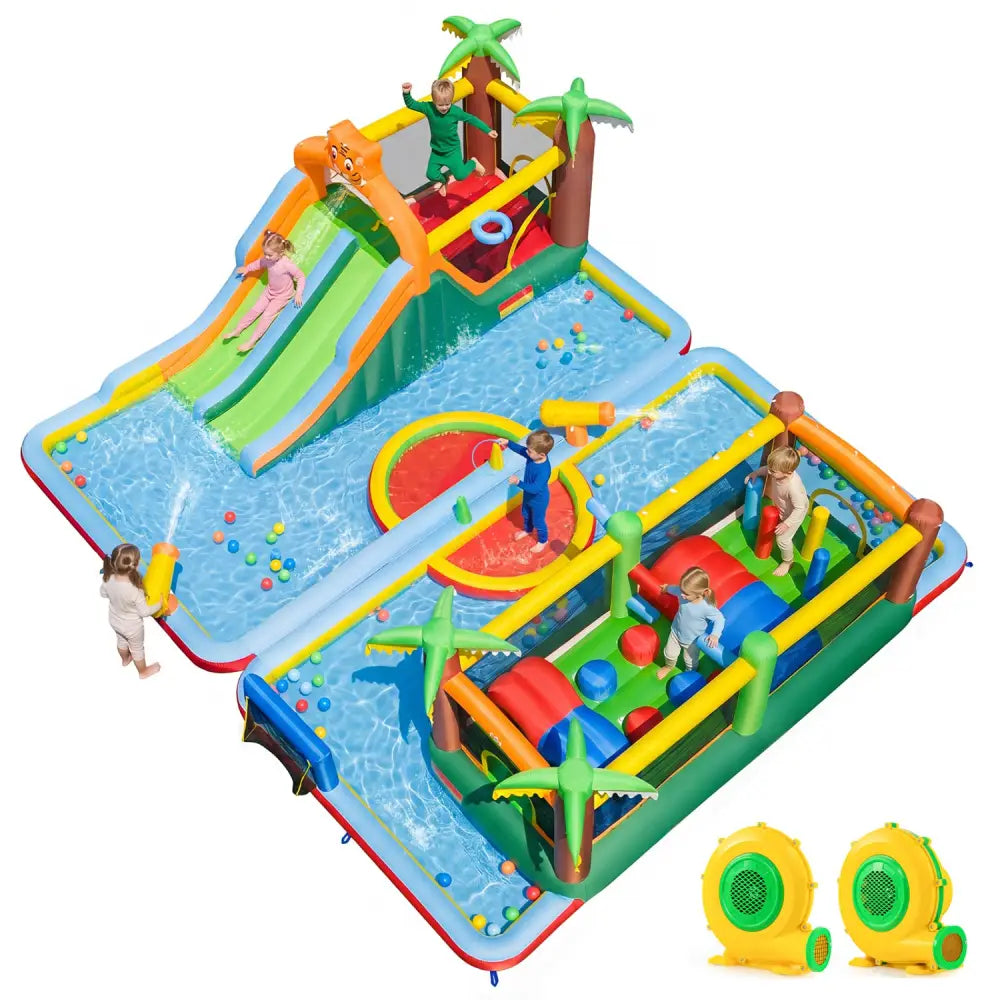 Tiger Inflatable Water Park Obstacle Bounce House with 2 Blower - Multicolor - Inflatable Water Slides
