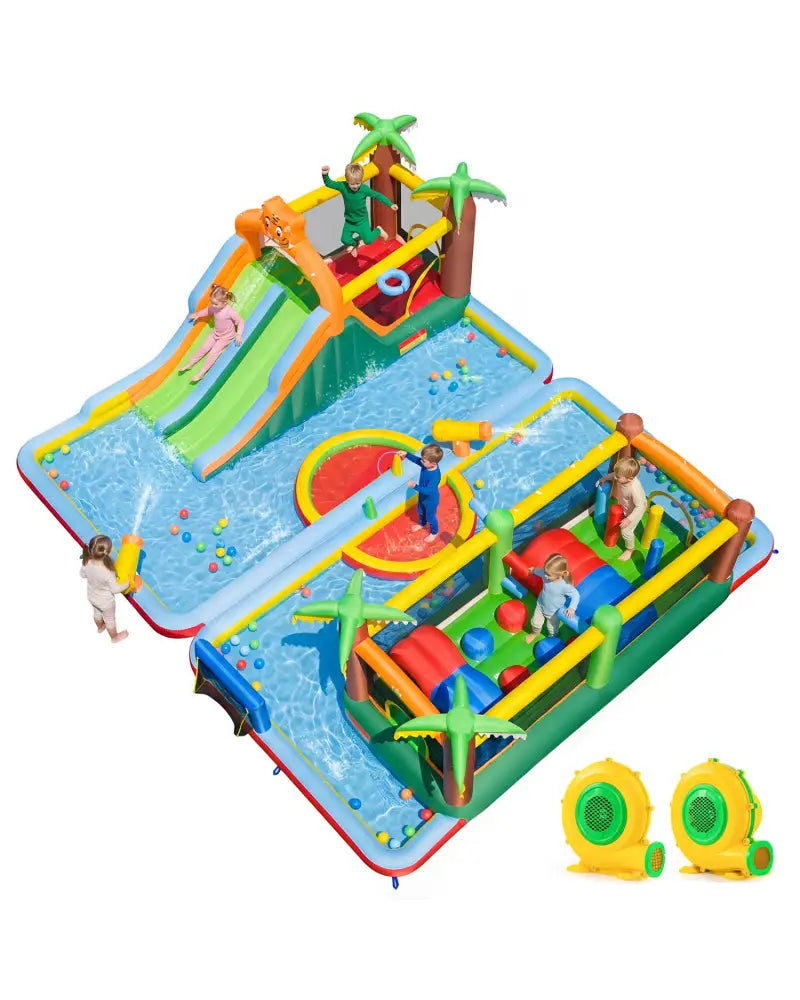Tiger Inflatable Water Park Obstacle Bounce House with 2 Blower - Multicolor - Inflatable Water Slides