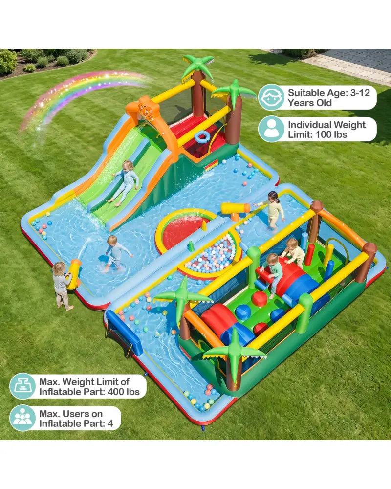 Tiger Inflatable Water Park Obstacle Bounce House with 2 Blower - Multicolor - Inflatable Water Slides