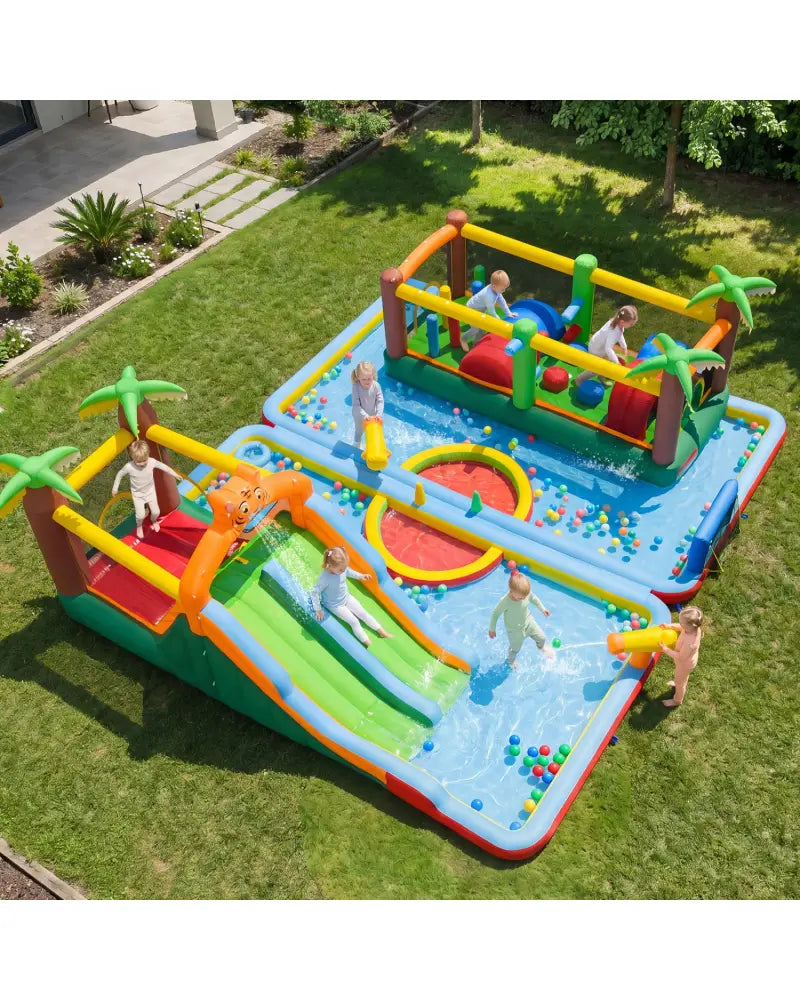 Tiger Inflatable Water Park Obstacle Bounce House with 2 Blower - Multicolor - Inflatable Water Slides