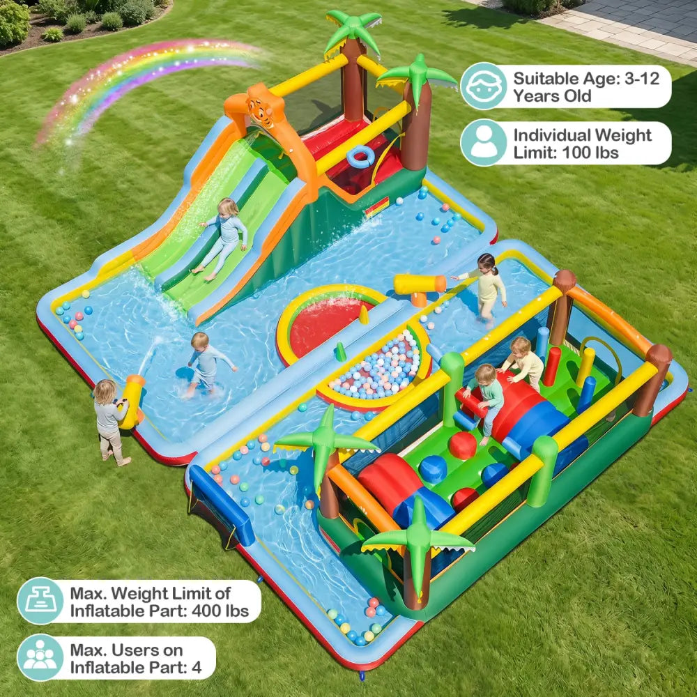 Tiger Inflatable Water Park Obstacle Bounce House with 2 Blower - Multicolor - Inflatable Water Slides