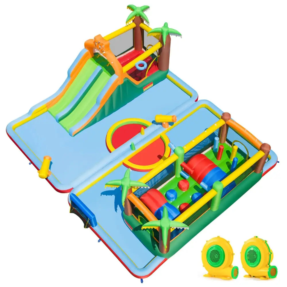 Tiger Inflatable Water Park Obstacle Bounce House with 2 Blower - Multicolor - Inflatable Water Slides