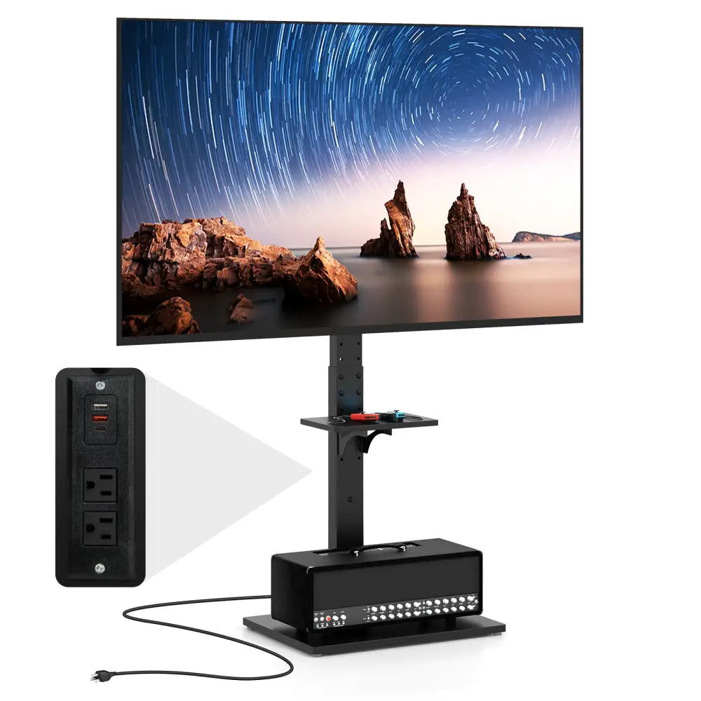 Tilt and Height Adjustable Floor TV Stand with Power Outlet and Adjustable AV Shelf - Entertainment Centers & TV Stands