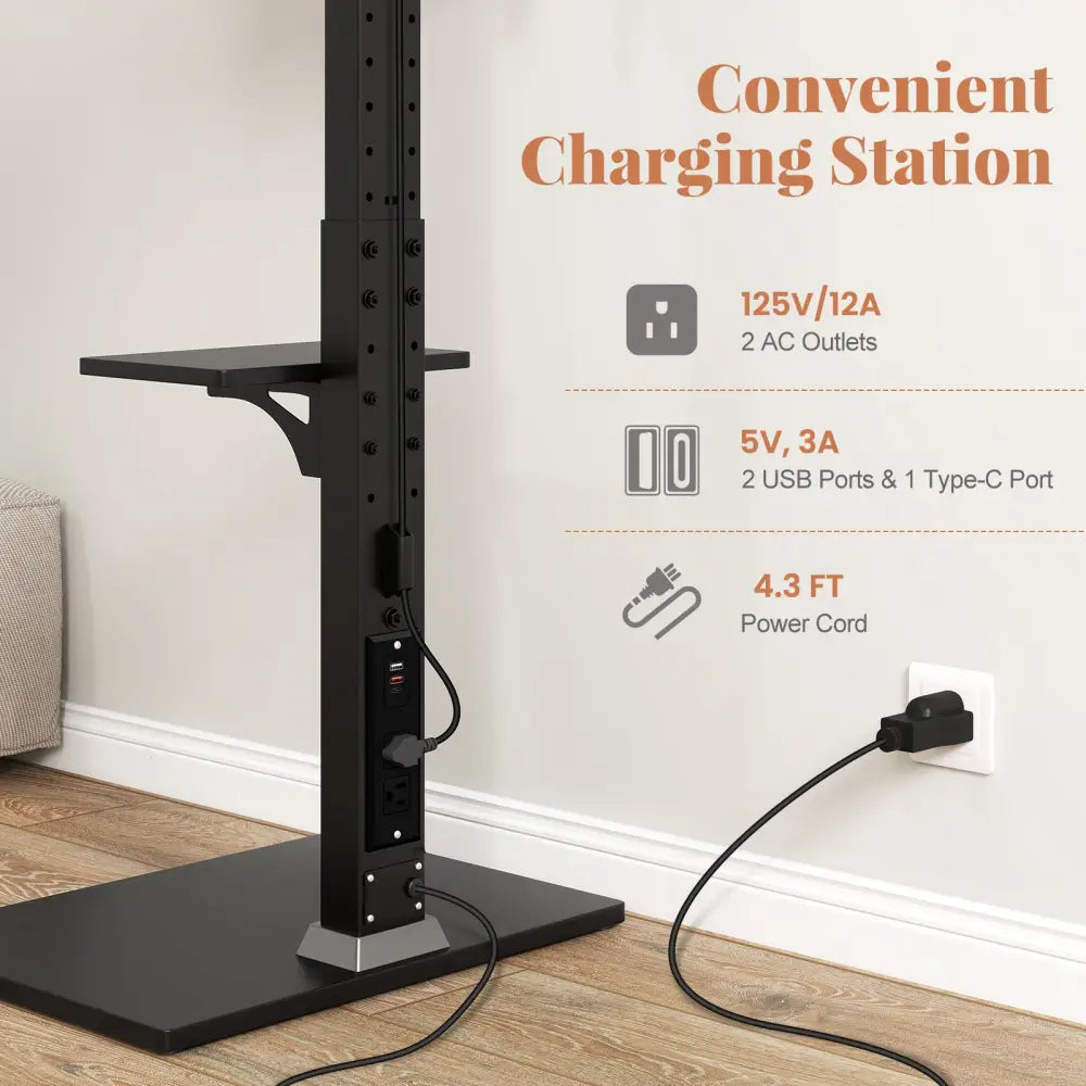 Tilt and Height Adjustable Floor TV Stand with Power Outlet and Adjustable AV Shelf - Entertainment Centers & TV Stands