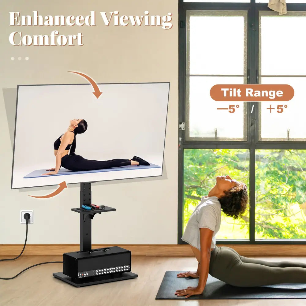 Tilt and Height Adjustable Floor TV Stand with Power Outlet and Adjustable AV Shelf - Entertainment Centers & TV Stands