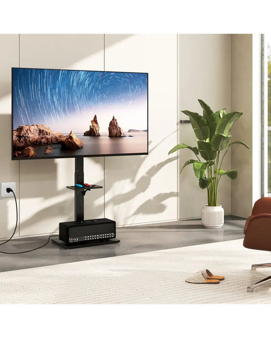 Tilt and Height Adjustable Floor TV Stand with Power Outlet and Adjustable AV Shelf - Entertainment Centers & TV Stands