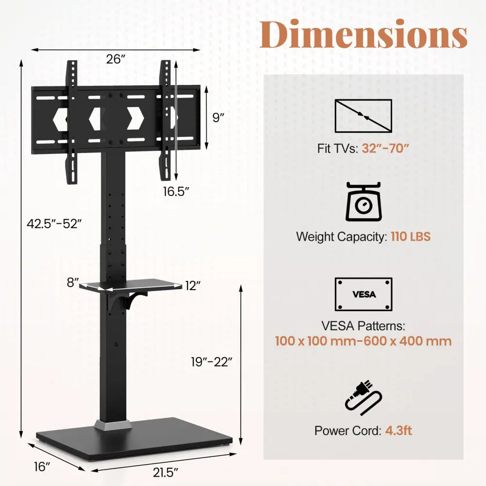 Tilt and Height Adjustable Floor TV Stand with Power Outlet and Adjustable AV Shelf - Entertainment Centers & TV Stands