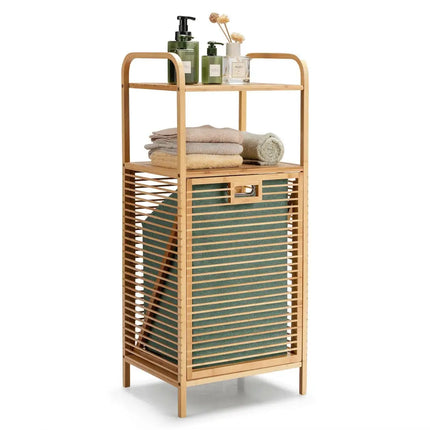 Tilt-out Bamboo Laundry Hamper with 2-Tier Shelf and Removable Liner-Natural - Natural - Laundry Baskets