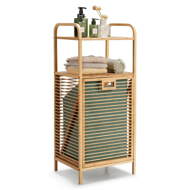Tilt-out Bamboo Laundry Hamper with 2-Tier Shelf and Removable Liner-Natural - Natural - Laundry Baskets