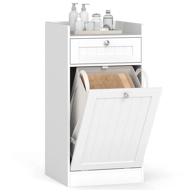 Tilt-Out Laundry Hamper Cabinet with Drawer and Removable Laundry Bag-White - White - Laundry Baskets