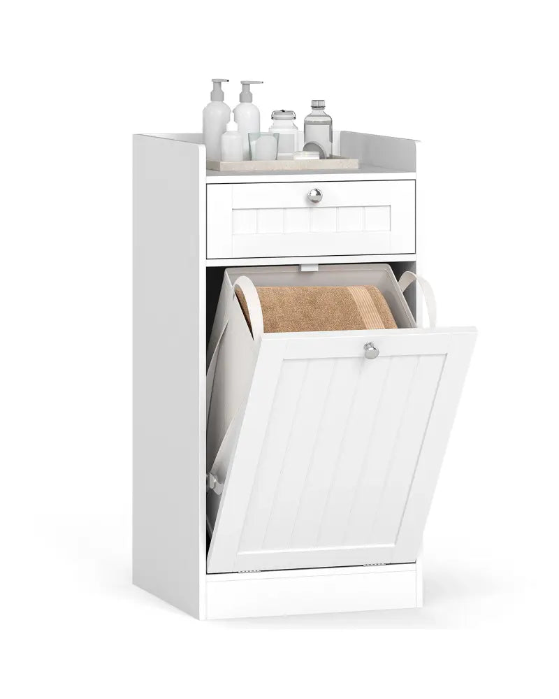 Tilt-Out Laundry Hamper Cabinet with Drawer and Removable Laundry Bag-White - White - Laundry Baskets
