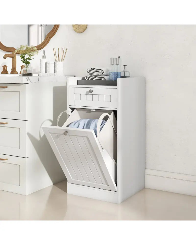 Tilt-Out Laundry Hamper Cabinet with Drawer and Removable Laundry Bag-White - White - Laundry Baskets