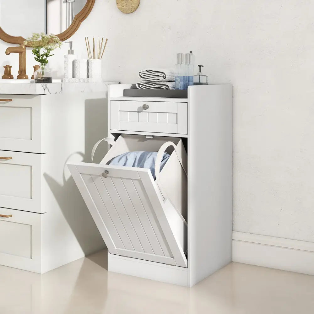 Tilt-Out Laundry Hamper Cabinet with Drawer and Removable Laundry Bag-White - White - Laundry Baskets