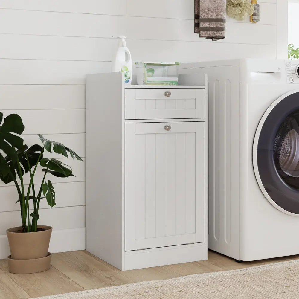 Tilt-Out Laundry Hamper Cabinet with Drawer and Removable Laundry Bag-White - White - Laundry Baskets