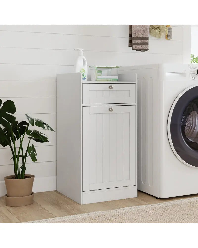 Tilt-Out Laundry Hamper Cabinet with Drawer and Removable Laundry Bag-White - White - Laundry Baskets