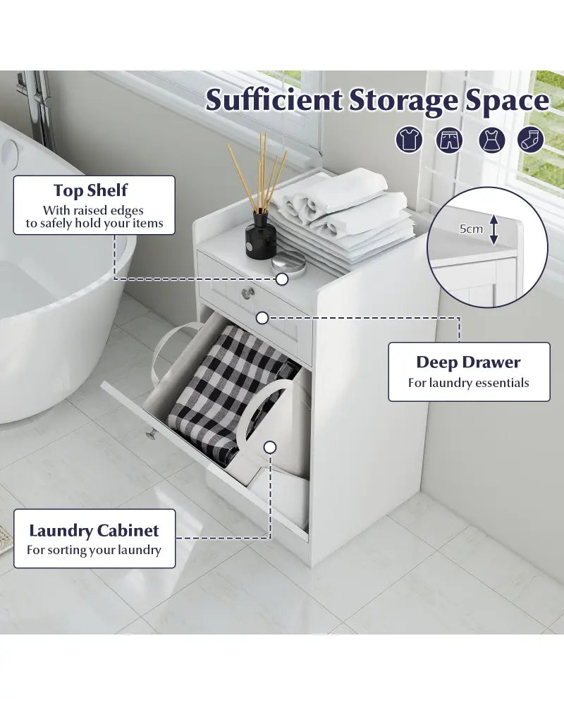 Tilt-Out Laundry Hamper Cabinet with Drawer and Removable Laundry Bag-White - White - Laundry Baskets