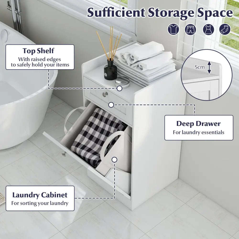 Tilt-Out Laundry Hamper Cabinet with Drawer and Removable Laundry Bag-White - White - Laundry Baskets