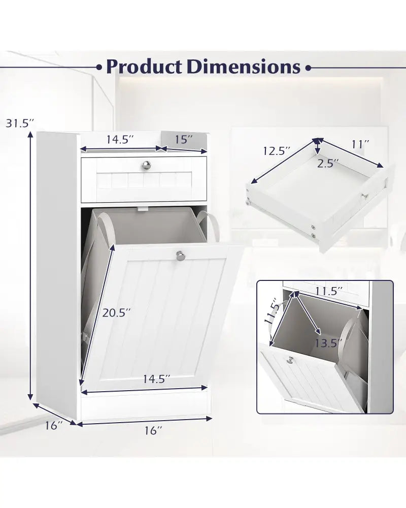 Tilt-Out Laundry Hamper Cabinet with Drawer and Removable Laundry Bag-White - White - Laundry Baskets