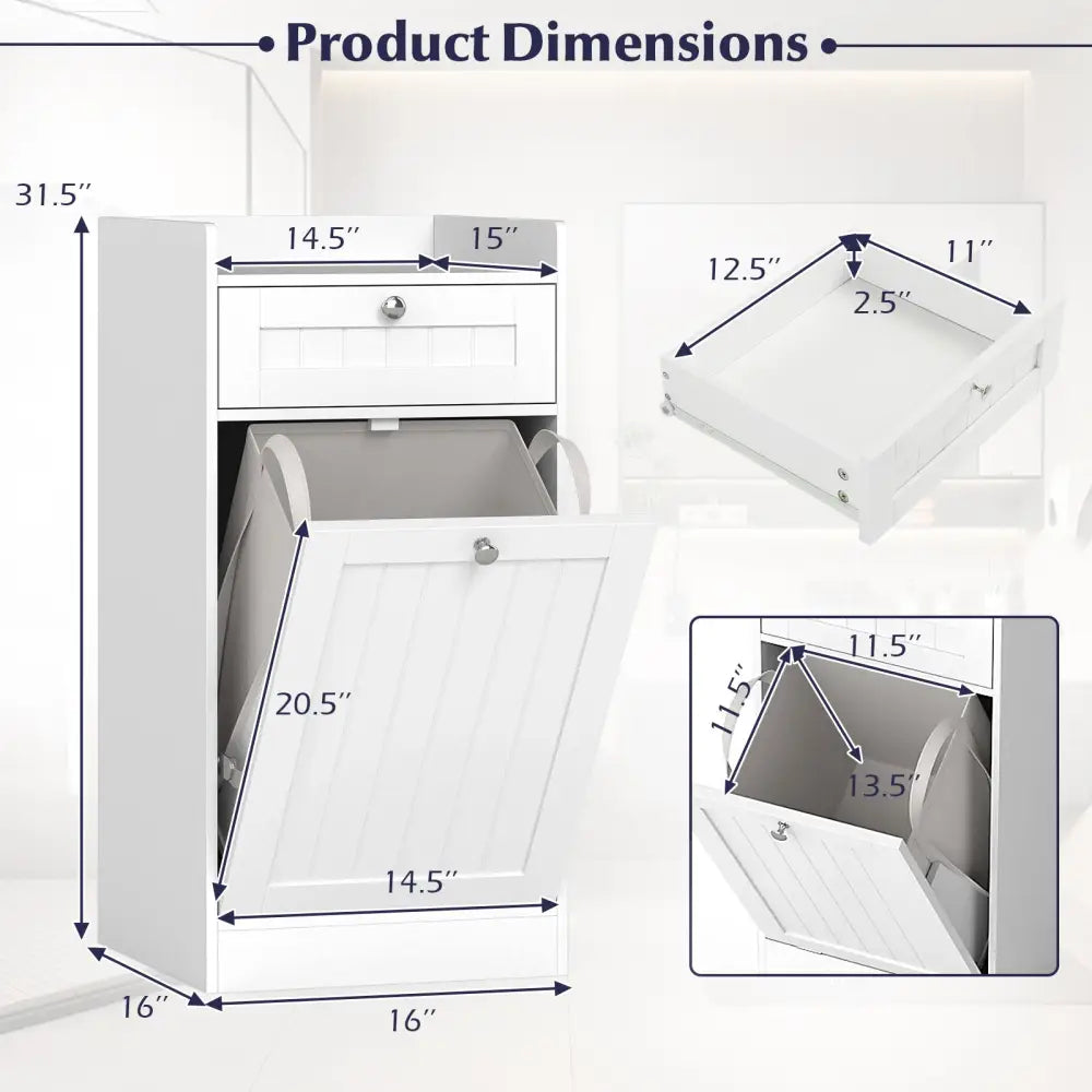 Tilt-Out Laundry Hamper Cabinet with Drawer and Removable Laundry Bag-White - White - Laundry Baskets