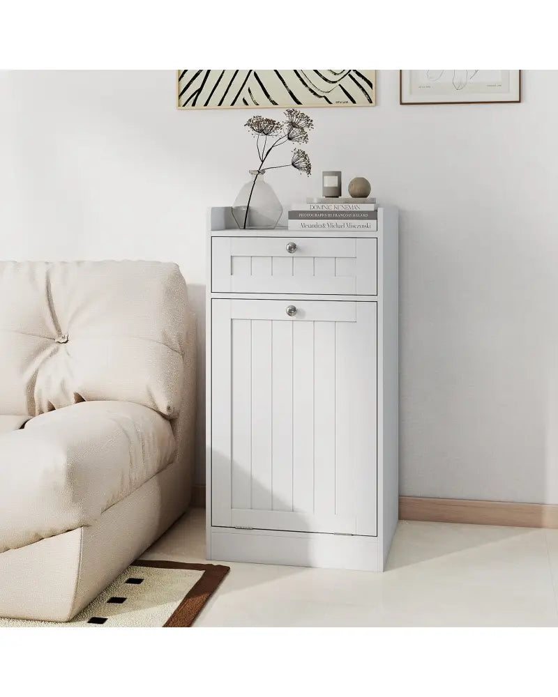 Tilt-Out Laundry Hamper Cabinet with Drawer and Removable Laundry Bag-White - White - Laundry Baskets