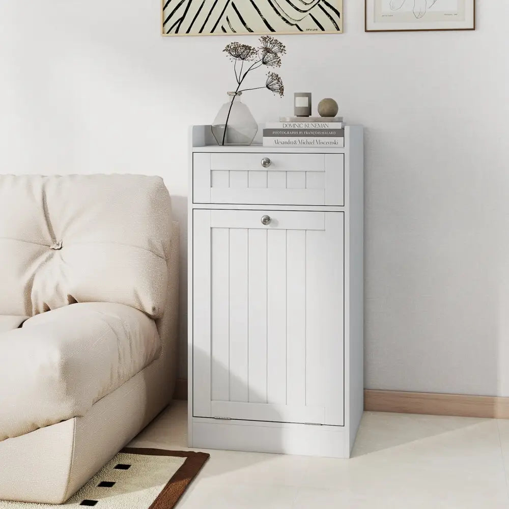 Tilt-Out Laundry Hamper Cabinet with Drawer and Removable Laundry Bag-White - White - Laundry Baskets