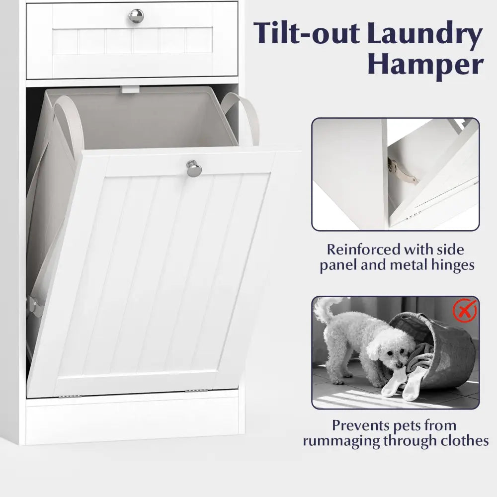 Tilt-Out Laundry Hamper Cabinet with Drawer and Removable Laundry Bag-White - White - Laundry Baskets