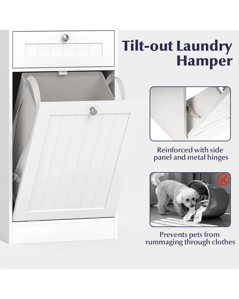 Tilt-Out Laundry Hamper Cabinet with Drawer and Removable Laundry Bag-White - White - Laundry Baskets
