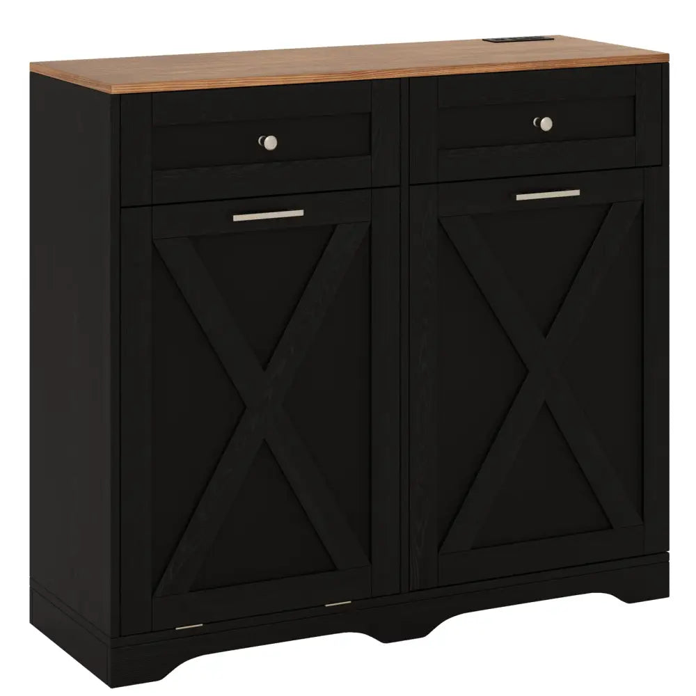 Tilt Out Trash Can Cabinet with Outlets and Adjustable Shelf-Black - Black - Sideboards Cabinets & Buffets