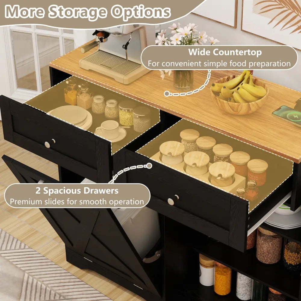 Tilt Out Trash Can Cabinet with Outlets and Adjustable Shelf-Black - Black - Sideboards Cabinets & Buffets