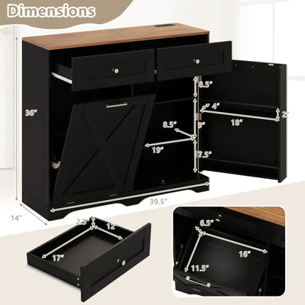 Tilt Out Trash Can Cabinet with Outlets and Adjustable Shelf-Black - Black - Sideboards Cabinets & Buffets