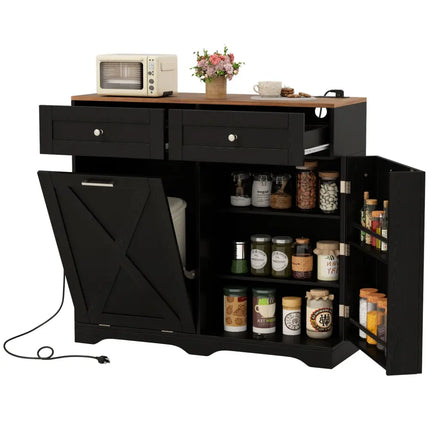 Tilt Out Trash Can Cabinet with Outlets and Adjustable Shelf-Black - Black - Sideboards Cabinets & Buffets