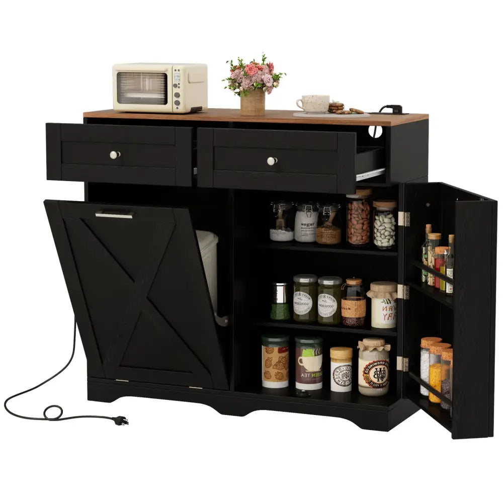 Tilt Out Trash Can Cabinet with Outlets and Adjustable Shelf-Black - Black - Sideboards Cabinets & Buffets