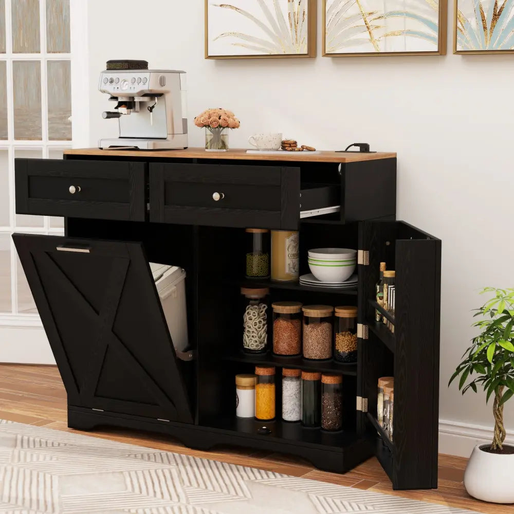 Tilt Out Trash Can Cabinet with Outlets and Adjustable Shelf-Black - Black - Sideboards Cabinets & Buffets
