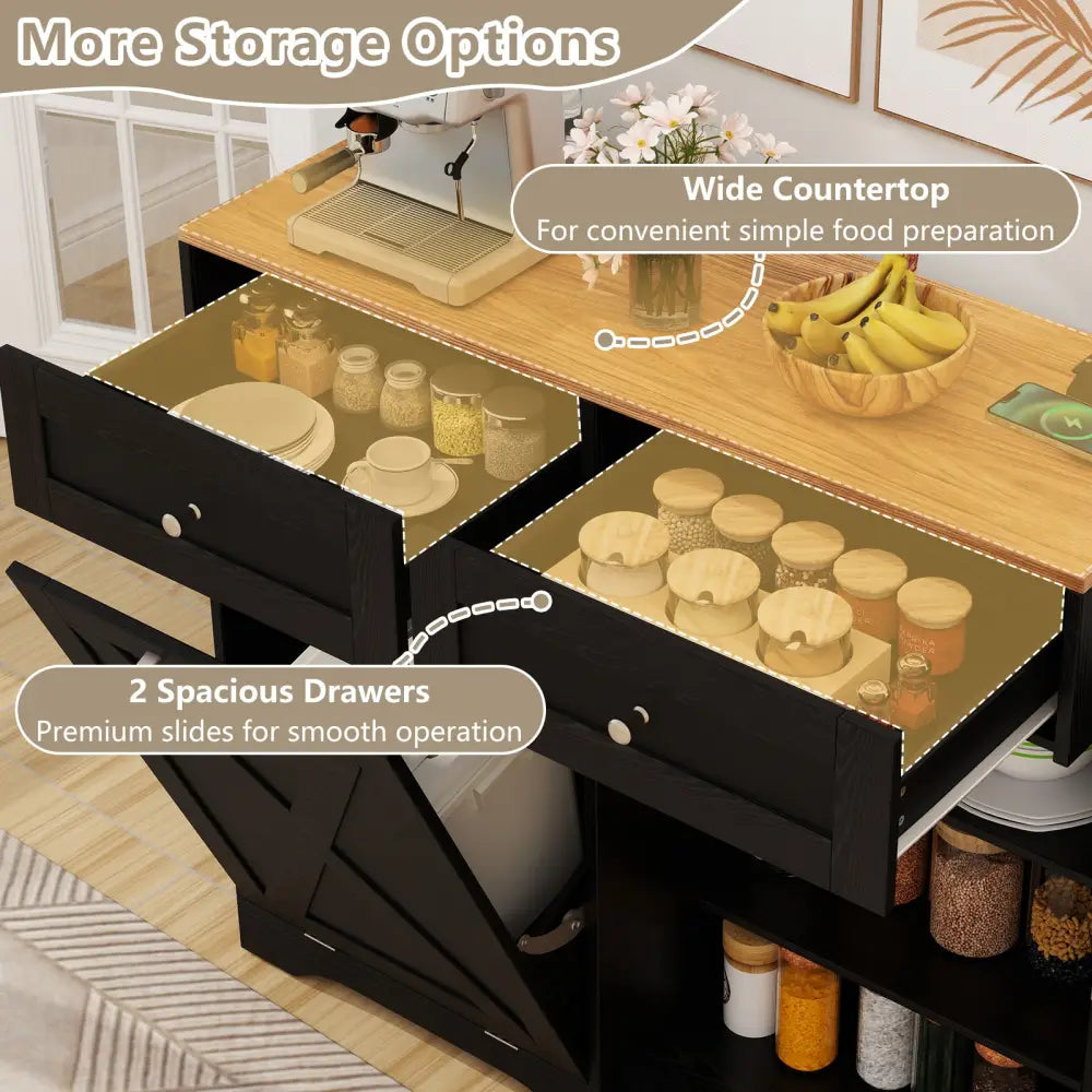 Tilt Out Trash Can Cabinet with Outlets and Adjustable Shelf-Black - Black - Sideboards Cabinets & Buffets