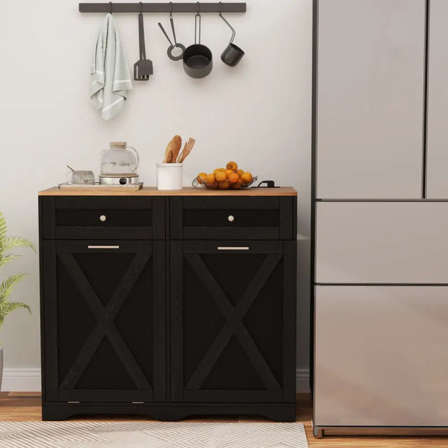 Tilt Out Trash Can Cabinet with Outlets and Adjustable Shelf-Black - Black - Sideboards Cabinets & Buffets