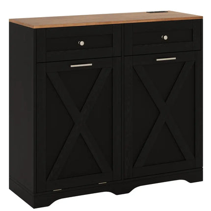 Tilt Out Trash Can Cabinet with Outlets and Adjustable Shelf-Black - Black - Sideboards Cabinets & Buffets