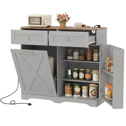 Tilt Out Trash Can Cabinet with Outlets and Adjustable Shelf-Gray - Gray - Sideboards Cabinets & Buffets