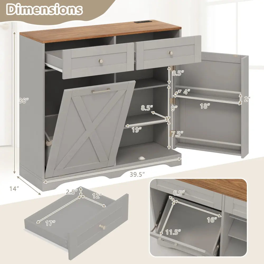 Tilt Out Trash Can Cabinet with Outlets and Adjustable Shelf-Gray - Gray - Sideboards Cabinets & Buffets