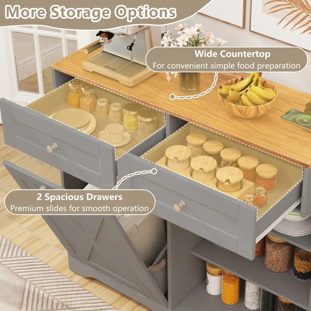 Tilt Out Trash Can Cabinet with Outlets and Adjustable Shelf-Gray - Gray - Sideboards Cabinets & Buffets