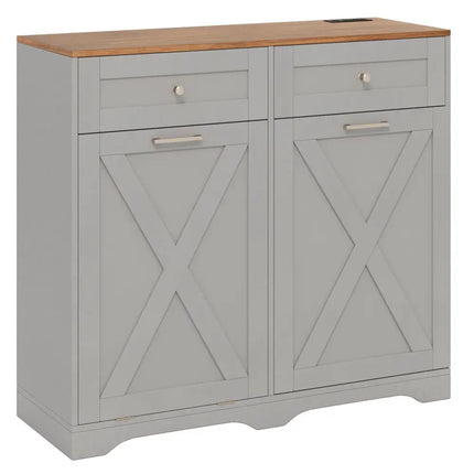 Tilt Out Trash Can Cabinet with Outlets and Adjustable Shelf-Gray - Gray - Sideboards Cabinets & Buffets