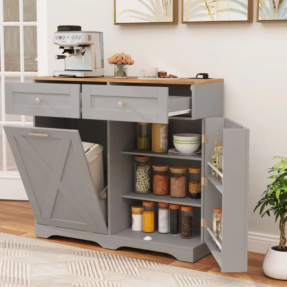 Tilt Out Trash Can Cabinet with Outlets and Adjustable Shelf-Gray - Gray - Sideboards Cabinets & Buffets